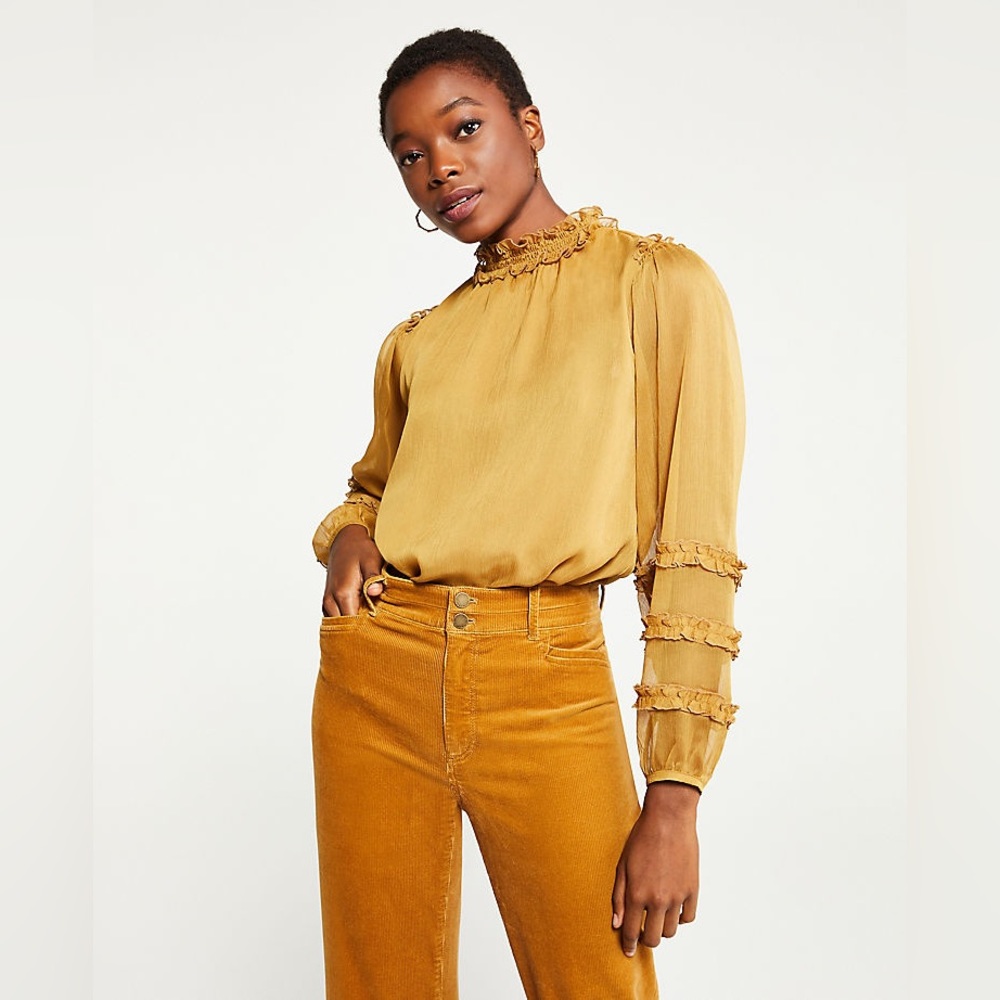 Ann Taylor Mustard Petite Smocked Ruffle Blouse Size Small